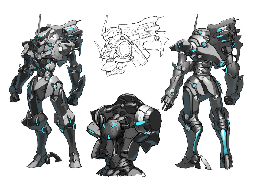 clenched_hands cockpit highres horns kurogin mecha multiple_views open_hand original single_horn sketch standing visor white_background