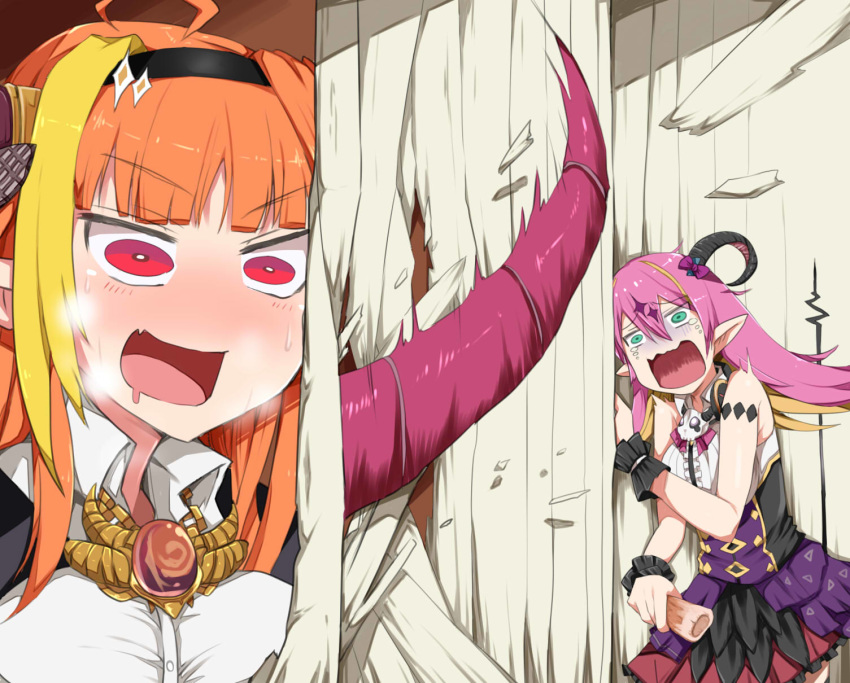 2girls ahoge bursting commentary_request dragon_tail headband heavy_breathing here's_johnny! highres hololive horns kiryuu_coco long_hair mafuri mano_aloe multiple_girls open_mouth parody purple_hair scared tail tears the_shining wall