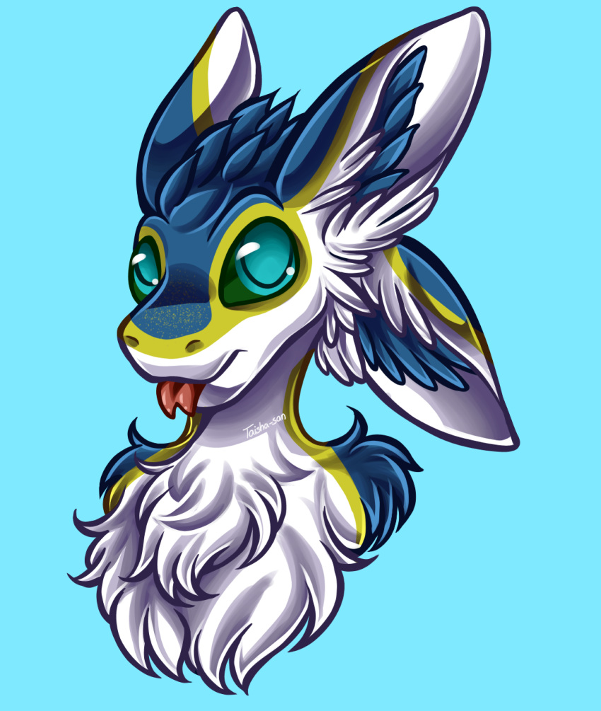 4_ears anthro avali blep blue_background blue_body blue_eyes blue_feathers feathers fluffy green_sclera headshot_portrait hi_res kraspii looking_at_viewer male markings multi_ear portrait simple_background solo taisha_san tongue tongue_out white_body white_feathers yellow_body yellow_feathers