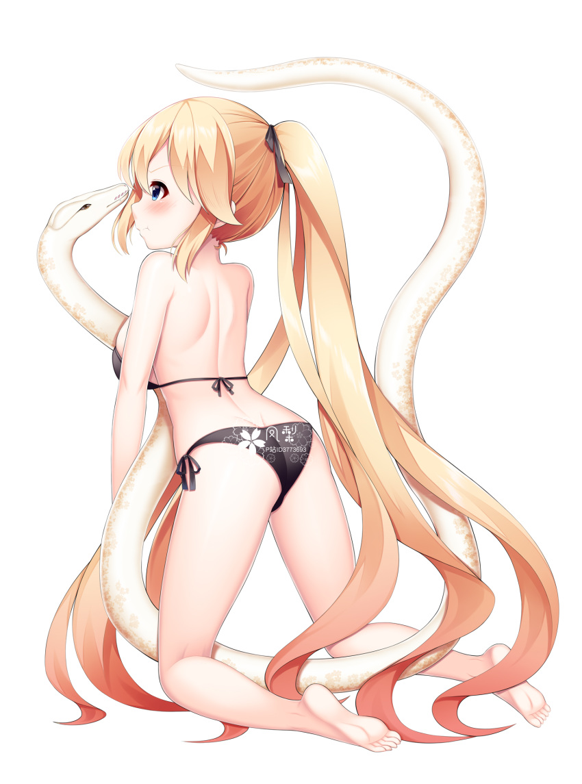 1girl :t animal ass bangs bare_arms bare_legs bare_shoulders barefoot bikini black_bikini blonde_hair blue_eyes blush breasts character_request closed_mouth commentary_request fengli_(709622571) floral_print from_behind full_body hair_between_eyes highres kneeling long_hair looking_away medium_breasts ponytail pout print_bikini profile side-tie_bikini simple_background snake soles solo swimsuit v-shaped_eyebrows very_long_hair warship_girls_r white_background white_snake