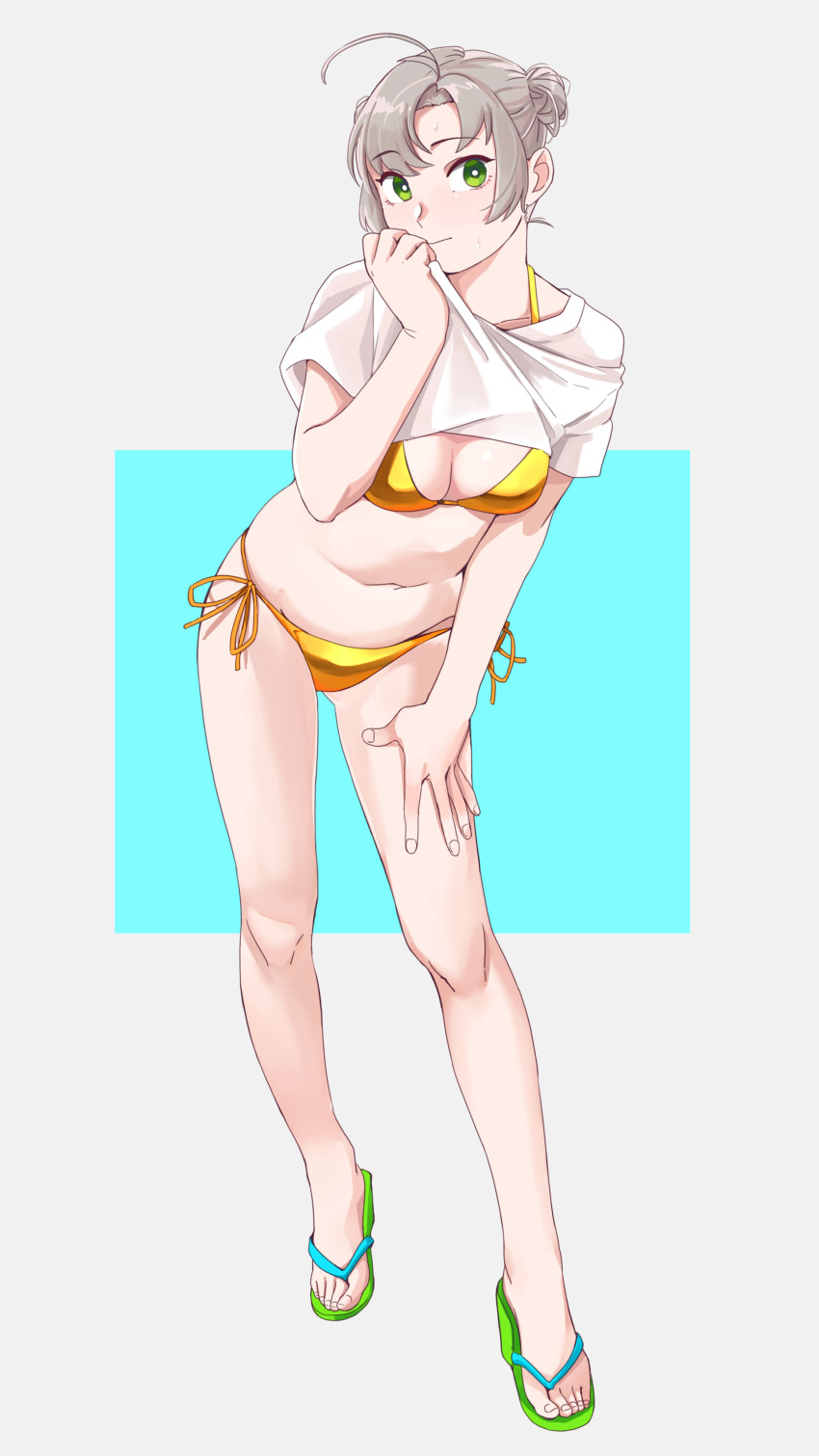 1girl absurdres ahoge alternate_costume alternate_hairstyle ass_visible_through_thighs bare_legs bikini blush breasts cleavage commentary_request double_bun eyebrows_visible_through_hair full_body gold_bikini gold_swimsuit green_eyes grey_hair hair_bun halterneck highres kantai_collection kinugasa_(kantai_collection) large_breasts looking_at_viewer medium_breasts navel ojipon sandals shiny_swimsuit shirt short_hair short_sleeves side-tie_bikini simple_background solo standing string_bikini swimsuit swimsuit_under_clothes white_shirt yellow_bikini