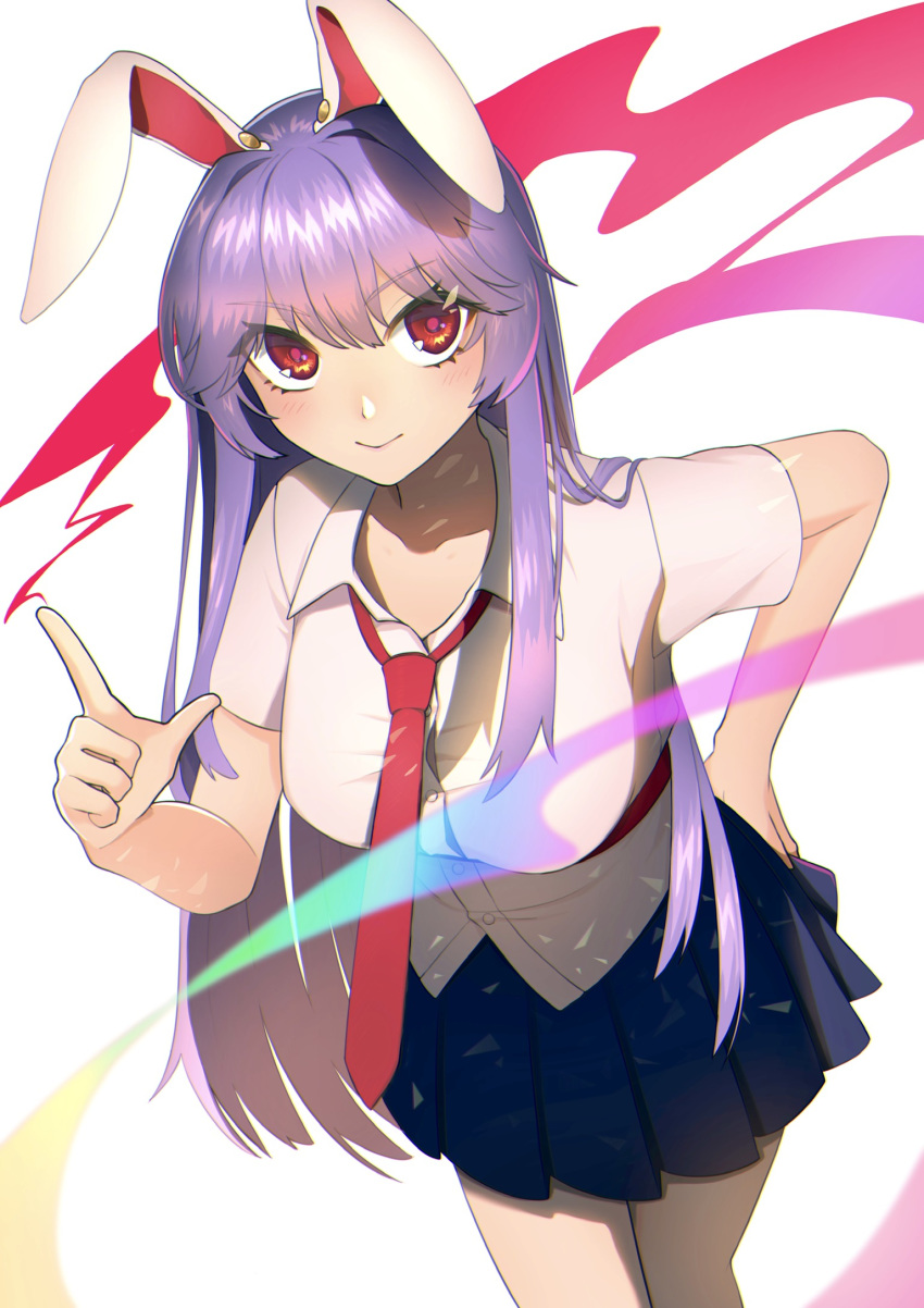 1girl animal_ears blouse blue_skirt breasts bunny_ears buttons commentary commentary_request eyebrows_visible_through_hair highres ino_. large_breasts lavender_hair long_hair looking_at_viewer medium_skirt necktie pleated_skirt purple_hair red_eyes red_neckwear reisen_udongein_inaba simple_background skirt solo touhou very_long_hair white_background white_blouse
