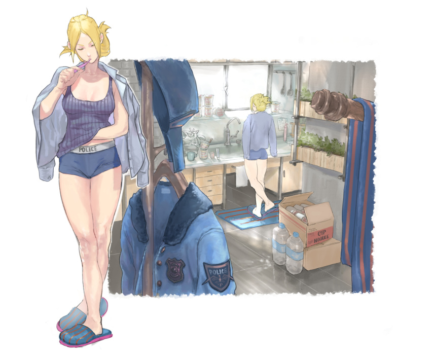 1girl bangs blonde_hair boyshort_panties breasts brushing_teeth cup_ramen folded_ponytail full_body highres kitchen lucia_morgan medium_breasts messy_room morning parted_bangs police police_uniform policewoman shirt_on_shoulders slippers solo sora-bakabon street_fighter street_fighter_v striped tank_top toothbrush uniform updo vertical_stripes waking_up