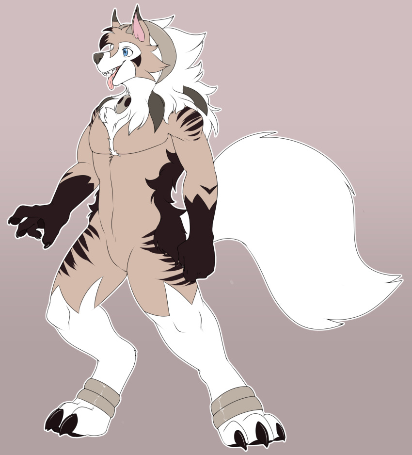 anthro anthrofied arcanine athletic athletic_anthro athletic_male black_body black_fur blue_eyes brown_body brown_fur canid canine claws fan_character fangs fluffy fluffy_tail fur hi_res houndoom hybrid lycanroc male mammal midday_lycanroc mightyena nintendo open_mouth open_smile pok&eacute;mon pok&eacute;mon_(species) simple_background smile solo tattoorexy tongue tongue_out video_games white_body white_fur