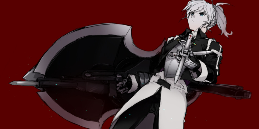 1girl 39acid blue_eyes breastplate cropped_jacket gauntlets melty_blood pile_bunker red_background riesbyfe_stridberg serious shield short_ponytail silver_hair simple_background solo stake tsukihime weapon