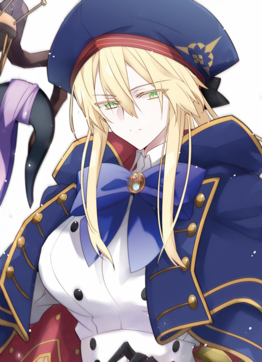 1girl artoria_pendragon_(all) artoria_pendragon_(caster) artoria_pendragon_(lancer) blonde_hair bow bowtie breasts eyebrows_visible_through_hair fate/grand_order fate_(series) green_eyes hair_between_eyes hat highres large_breasts long_hair long_sleeves looking_at_viewer nogi_(acclima) simple_background solo upper_body white_background