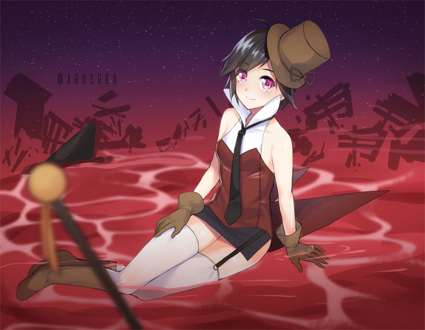 1girl artist_name arusuko black_hair blurry_foreground breasts brown_footwear brown_gloves brown_headwear full_body garter_straps gloves hat hondoumachi_koharu id_:invaded looking_at_viewer pink_eyes short_hair sitting sleeveless small_breasts smile solo thighhighs tilted_headwear vest white_legwear