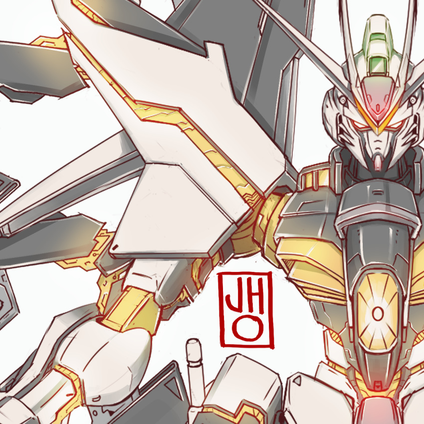 close-up english_commentary glowing glowing_eyes gundam gundam_seed gundam_seed_destiny highres jhocircle looking_at_viewer mecha mechanical_wings no_humans red_eyes signature solo strike_freedom_gundam v-fin wings