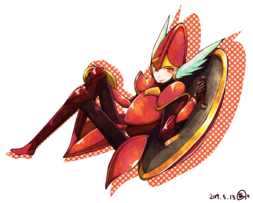 1girl armor black_gloves black_legwear dated full_body gloves helmet holding holding_shield nolv00 orange_eyes red_footwear shield shield_knight shovel_knight simple_background smile winged_helmet