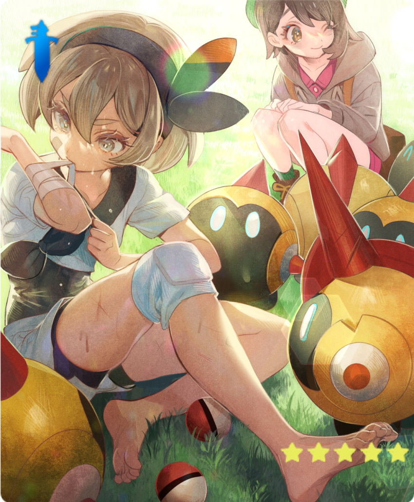 ;) backpack bag bandages bangs barefoot bow_hairband brown_eyes brown_footwear brown_hair cardigan closed_mouth commentary_request dark_skin day dress falinks gen_8_pokemon grass green_headwear green_legwear grey_cardigan grey_eyes grey_hair hair_between_eyes hairband highres lens_flare long_sleeves mizuki_(pokemon) mouth_hold one_eye_closed pink_dress poke_ball poke_ball_(basic) pokemon pokemon_(creature) pokemon_(game) pokemon_swsh saitou_(pokemon) scrape short_hair short_sleeves shorts sitting smile socks squatting star_(symbol) sweat zuizi