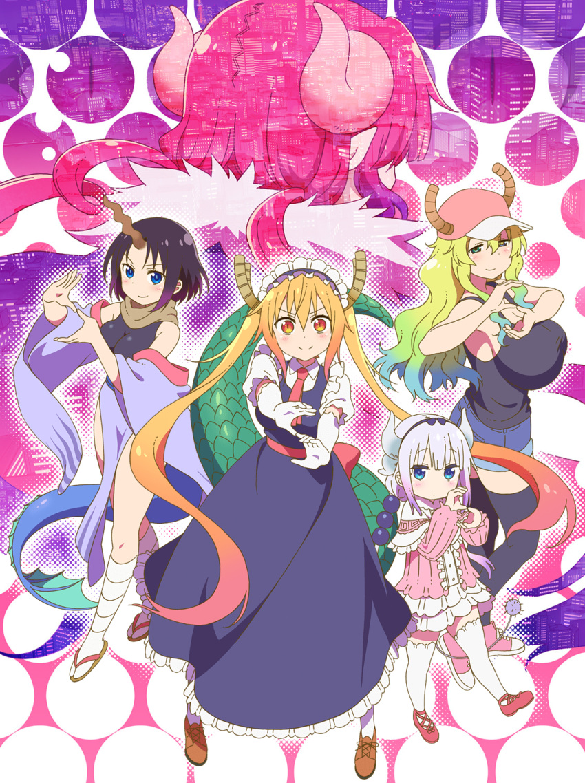 5girls artist_request baseball_cap beads black_dress black_hair blonde_hair blue_eyes breasts capelet dragon_girl dragon_horns dragon_tail dress elbow_gloves elma_(maidragon) frilled_capelet frills gloves gradient_hair green_hair hair_beads hair_ornament hat heterochromia highres horns horns_through_headwear huge_breasts iruru kanna_kamui key_visual kobayashi-san_chi_no_maidragon lavender_hair long_hair looking_at_viewer maid maid_headdress multicolored_hair multiple_girls official_art orange_eyes orange_hair pink_dress pink_headwear puffy_short_sleeves puffy_sleeves quetzalcoatl_(maidragon) short_hair short_sleeves single_horn slit_pupils standing tail tank_top thighhighs tooru_(maidragon) twintails wavy_hair white_gloves white_legwear