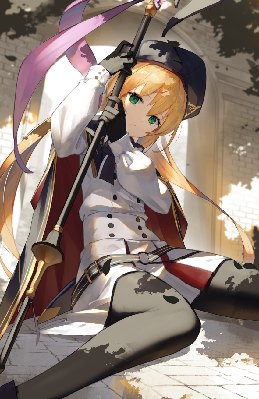 1girl absurdres arm_up artoria_pendragon_(all) artoria_pendragon_(caster) bangs belt black_belt black_cape black_gloves black_legwear blonde_hair blurry blurry_background cape closed_mouth commentary_request double-breasted expressionless eyebrows_visible_through_hair fate/grand_order fate_(series) gloves green_eyes hair_between_eyes hand_up hat highres holding holding_staff long_hair long_sleeves looking_at_viewer multicolored multicolored_cape multicolored_clothes o-ring_belt on_ground outdoors pantyhose red_cape sitting skirt solo staff sukocchi
