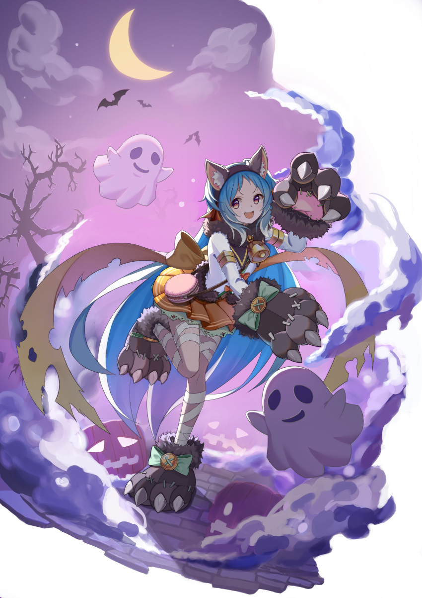 1girl :d absurdres animal_ear_fluff animal_ears bandaged_leg bandages bangs bare_tree bat bell blue_hair blush bow brown_skirt cat_ears cloud cloudy_sky commentary_request crescent_moon dress fake_animal_ears fang flan_(f_l_an) frills full_body fur_collar ghost gloves halloween halloween_costume highres jack-o'-lantern knee_up large_bow long_hair long_sleeves looking_at_viewer miyako_(princess_connect!) moon night night_sky open_mouth paw_gloves paw_shoes paws pleated_skirt princess_connect! princess_connect!_re:dive pumpkin shirt shoe_bow shoes skirt sky smile solo standing standing_on_one_leg star_(sky) tail torn_clothes tree very_long_hair white_shirt wolf_paws