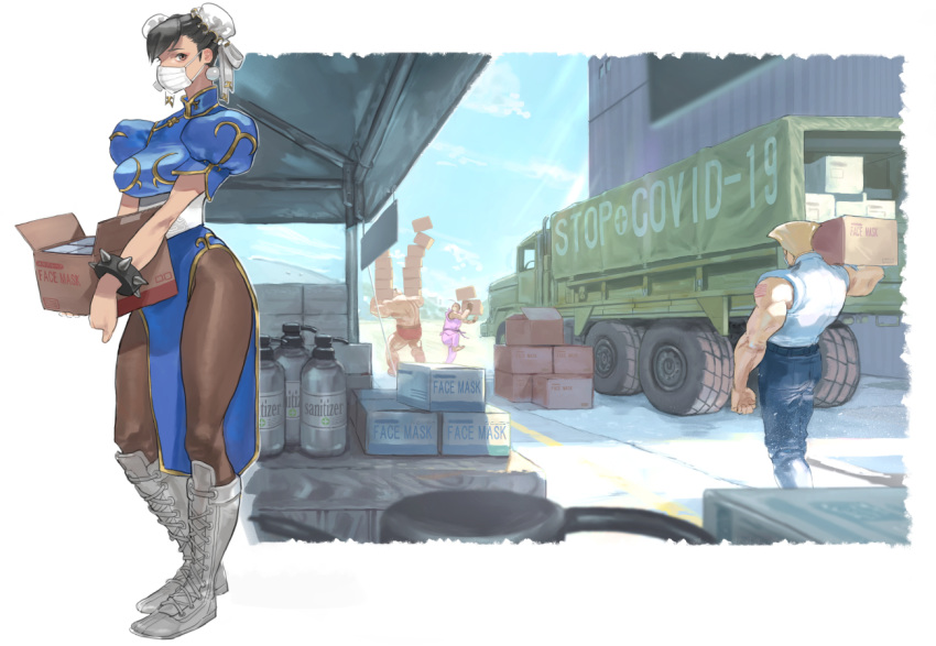 1girl 3boys balancing black_hair blonde_hair blue_dress boots box bracelet breasts brown_eyes brown_legwear bun_cover carrying china_dress chinese_clothes chun-li commentary_request coronavirus_pandemic cross-laced_footwear delivery double_bun dougi dress flattop full_body ground_vehicle guile hibiki_dan jewelry knee_boots mask motor_vehicle mouth_mask multiple_boys pantyhose pelvic_curtain puffy_short_sleeves puffy_sleeves sash short_sleeves side_slit solo_focus sora-bakabon spiked_bracelet spikes street_fighter street_fighter_ii_(series) surgical_mask thick_thighs thighs truck white_footwear zangief