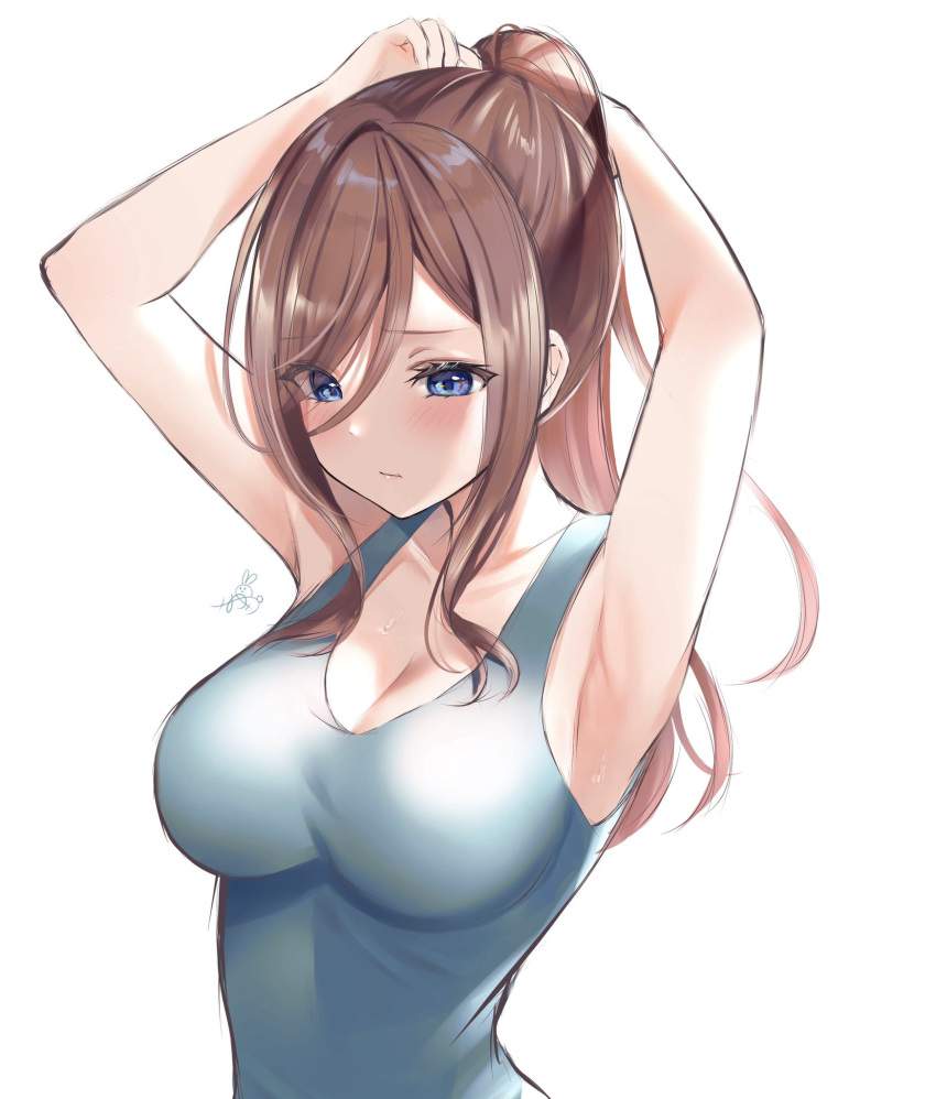 1girl alternate_costume armpits arms_up bangs bare_shoulders blue_eyes blue_tank_top blush breasts brown_hair cleavage closed_mouth eyebrows_visible_through_hair go-toubun_no_hanayome hair_between_eyes high_ponytail highres large_breasts long_hair looking_down mizukanayuki nakano_miku pink_lips sidelocks tank_top tying_hair white_background