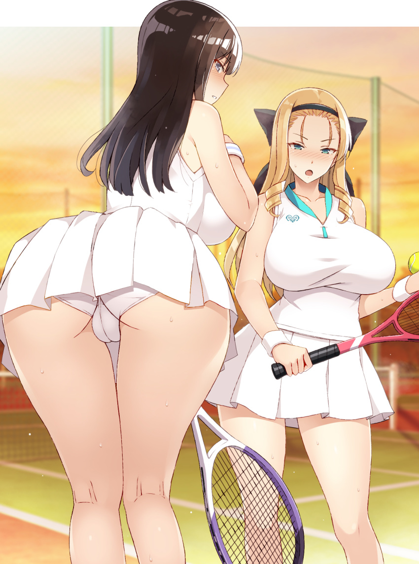2girls ass ball bangs bare_legs blonde_hair blue_eyes breasts brown_hair cameltoe collarbone cowboy_shot drill_hair embarrassed evening fence girls_und_panzer hair_ribbon hairband highres holding holding_ball holding_racket impossible_clothes large_breasts long_hair looking_at_viewer looking_back marie_(girls_und_panzer) multiple_girls nakamura_yukitoshi nonna_(girls_und_panzer) open_mouth outdoors panties parted_lips pleated_skirt racket ribbon shirt skirt sleeveless sleeveless_shirt sportswear tennis_ball tennis_court tennis_net tennis_racket tennis_uniform thighs trefoil underwear white_panties white_shirt white_skirt wristband