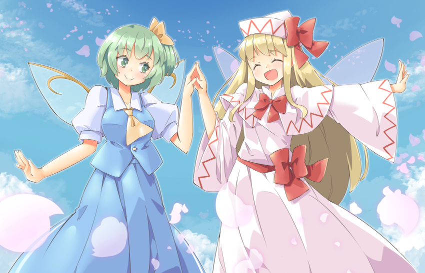 2girls arnest blonde_hair blue_skirt blue_sky blue_vest blush bow bowtie capelet closed_eyes cloud collared_shirt daiyousei dress eyebrows_visible_through_hair fairy fairy_wings green_eyes green_hair hair_bow hands_together hat lily_white long_hair long_sleeves multiple_girls necktie open_mouth petals pleated_skirt puffy_short_sleeves puffy_sleeves red_bow red_neckwear red_sash sash shirt short_hair short_sleeves skirt sky smile touhou vest white_capelet white_dress white_headwear white_shirt wide_sleeves wings yellow_bow yellow_neckwear