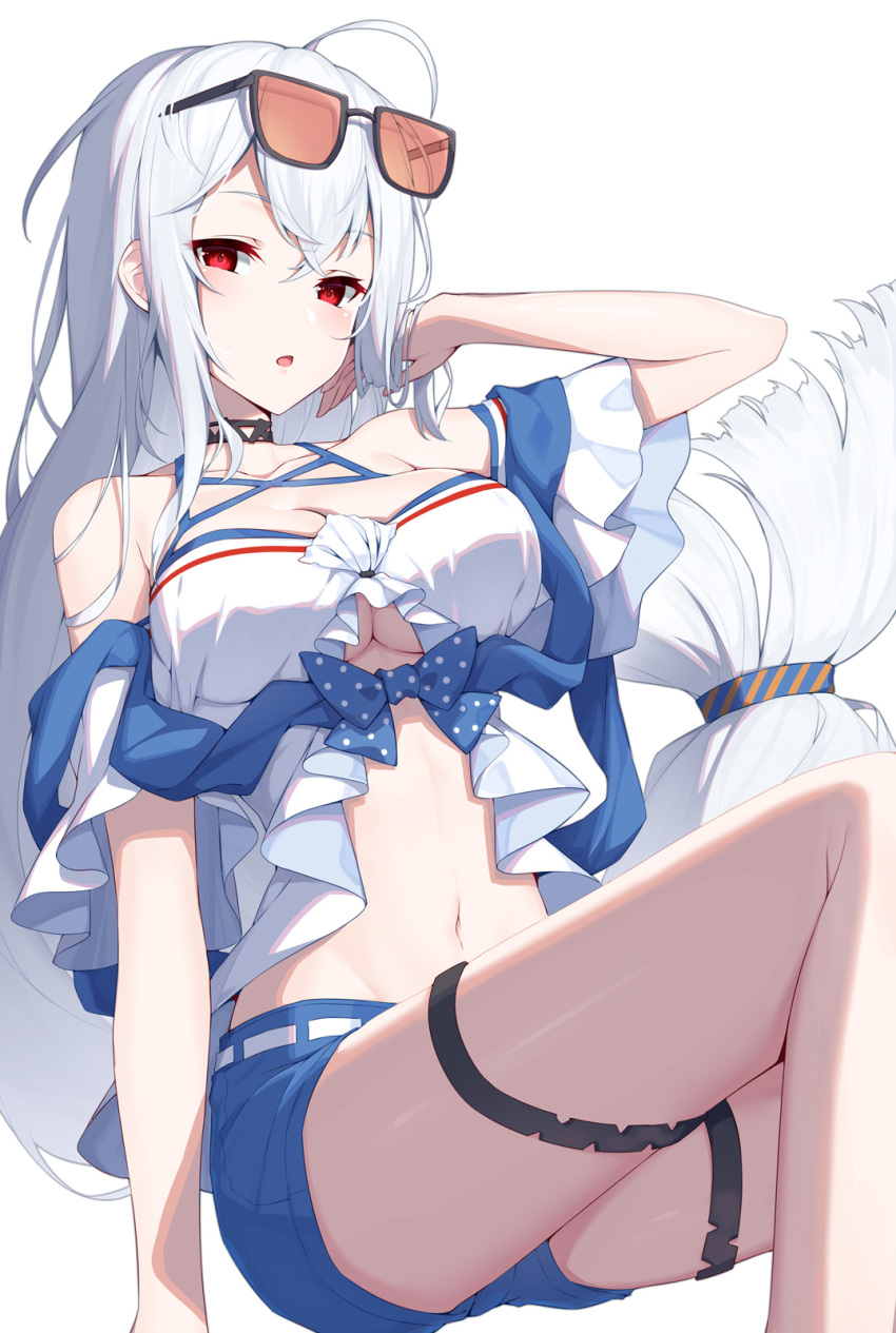 1girl :o arknights arm_support bangs bare_shoulders bikini_shorts breasts choker cleavage eyewear_on_head hair_between_eyes hand_in_hair highres large_breasts long_hair looking_at_viewer navel red_eyes shorts silver_hair sitting skadi_(arknights) solo stomach sunglasses swimsuit thigh_strap tinted_eyewear very_long_hair yuxian_youka