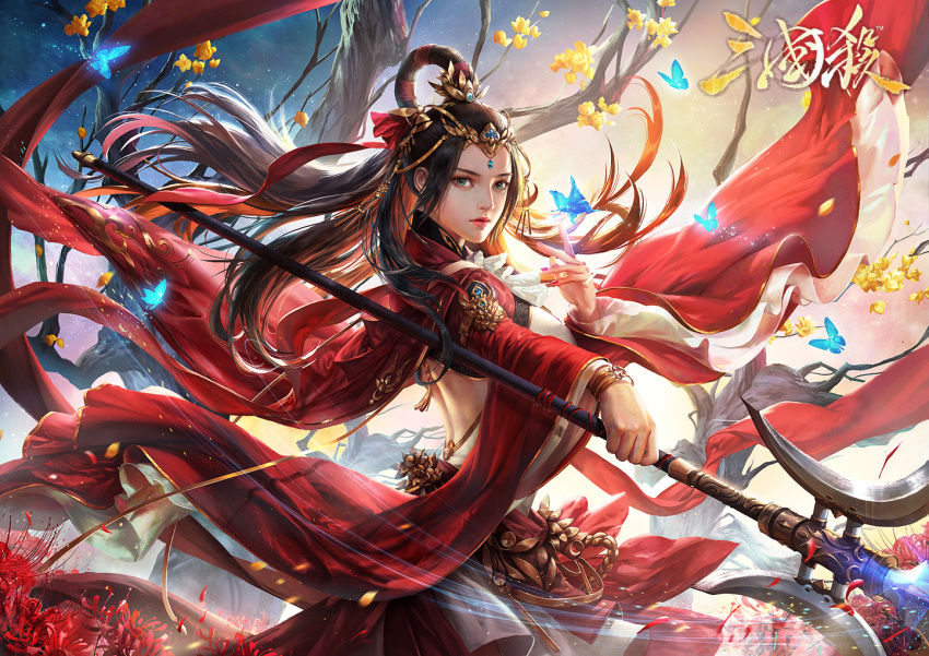 1girl black_hair bug butterfly cdash817 commentary_request flower forehead_jewel green_eyes holding holding_lance holding_polearm holding_weapon insect jewelry lance light_particles lips long_hair looking_at_viewer original polearm realistic red_flower red_rose rose solo tree weapon yellow_flower