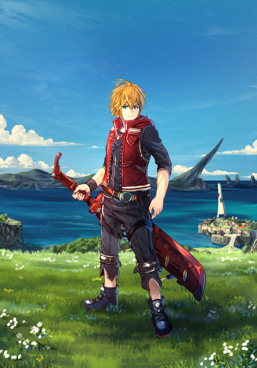 1boy absurdres blonde_hair blue_eyes field grass highres holding holding_sword holding_weapon male_focus monado monado_rex ocean poteto_(potetosarada123) red_vest scenery shulk solo sword vest weapon xenoblade_(series) xenoblade_1 xenoblade_1:_tsunagaru_mirai