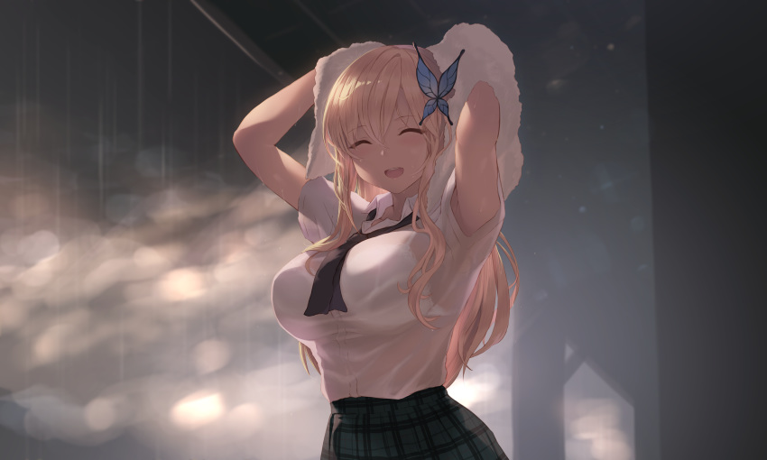 blonde_hair boku_wa_tomodachi_ga_sukunai bra cait kashiwazaki_sena long_hair rain school_uniform see_through underwear water wet