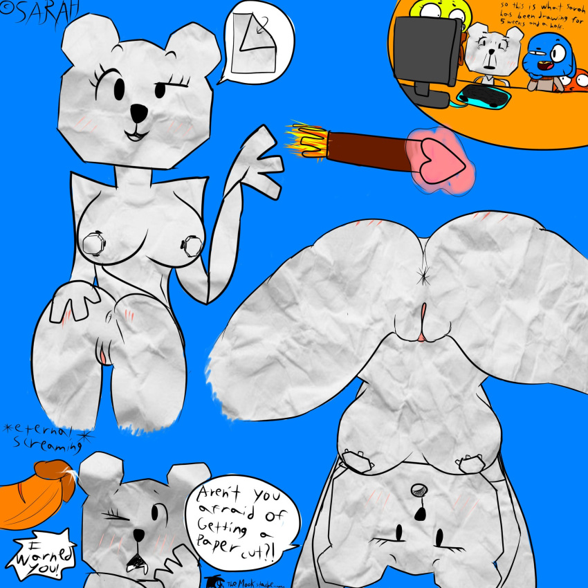 1:1 animate_inanimate anthro anus bent_over big_breasts big_butt blue_background blue_body blue_fur blush bodily_fluids breasts butt cartoon_network clothed clothing computer cum cum_in_mouth cum_inside cum_on_penis darwin_watterson dessert dialogue domestic_cat english_text felid feline felis female female_focus fish food fur genital_fluids genitals group gumball_watterson half-closed_eyes hand_on_butt hi_res humanoid ice_cream looking_at_viewer looking_back male mammal marine narrowed_eyes nipples nude one_eye_closed open_mouth paper pasties penis presenting presenting_hindquarters pussy saliva sarah_g_lato simple_background smile solo_focus teri_(tawog) text the_amazing_world_of_gumball thick_thighs tongue unknown_artist ursid wide_hips young