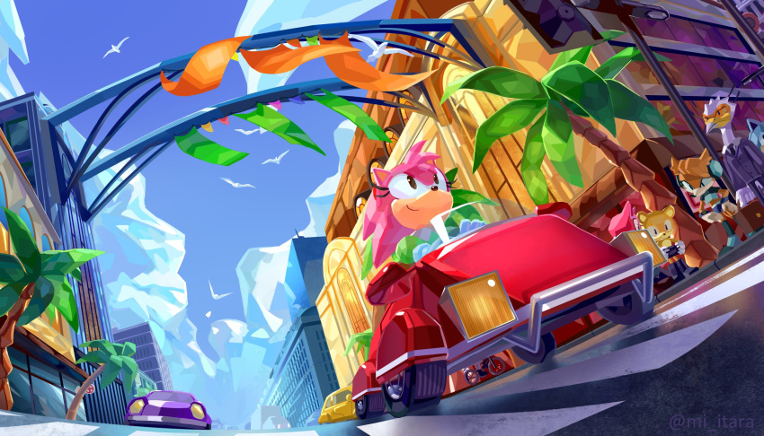 amy_rose animal_ears artist_name awning beak bird blue_sky briefcase brown_eyes building car city cityscape cloud cloudy_sky collared_shirt crop_top crosswalk day driving extra eyelashes fisheye flying foreshortening formal gloves green_shirt ground_vehicle hairband headlight headphones hedgehog_ears highres holding holding_briefcase looking_at_another looking_away miitara motor_vehicle necktie outdoors palm_tree polygonal puffy_short_sleeves puffy_sleeves red_hairband road shirt short_sleeves side_mirror sitting sky skyscraper smile solo_focus sonic_r sonic_the_hedgehog standing street suit tire tree twitter_username wheel white_gloves wind window windshield wing_collar