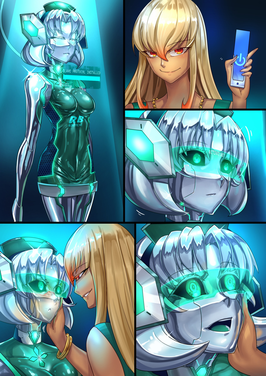 2girls :d absurdres android arms_at_sides black_sclera blonde_hair bracelet brainwashing choker closed_eyes commission dark_skin dress english_commentary eyebrows_visible_through_hair glowing glowing_eyes green_eyes grin hand_on_another's_cheek hand_on_another's_face headgear highres hologram hououji_fuu ibenz009 jewelry loading_screen looking_at_another magic_knight_rayearth mechanization medium_hair metal_skin multiple_girls necklace open_mouth power_symbol shiny shiny_skin skin_tight smile visor