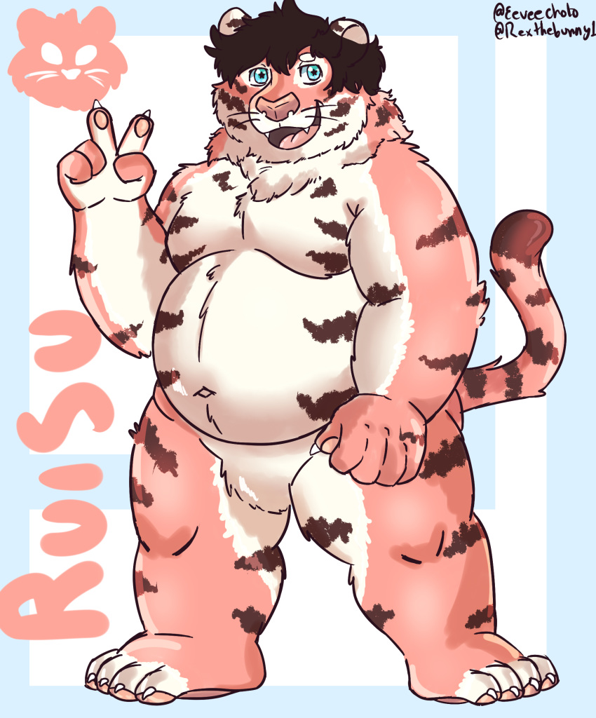 absurd_res anthro felid hi_res kuma-arts male mammal overweight overweight_anthro overweight_male pantherine pose signature slightly_chubby solo tiger