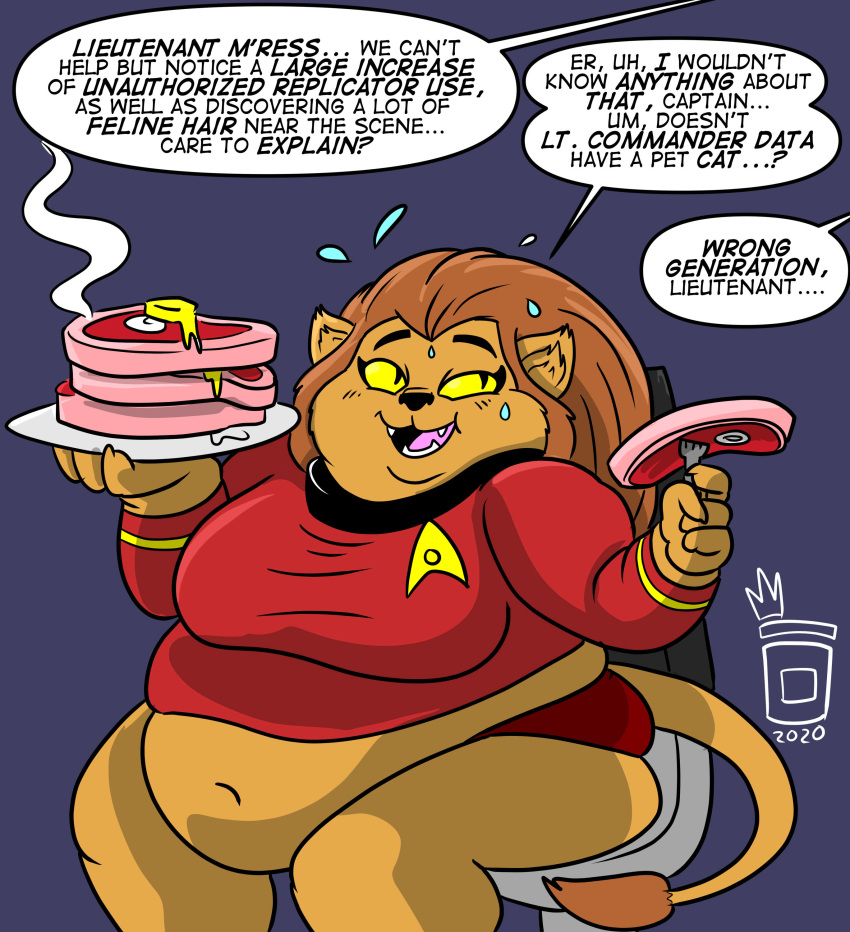 absurd_res anthro beef bodily_fluids butter caitian dairy_products dialogue english_text felid female food hi_res m'ress mammal meat obese obese_anthro obese_female overweight overweight_anthro overweight_female royaljellysandwich solo star_trek steak sweat text unseen_character