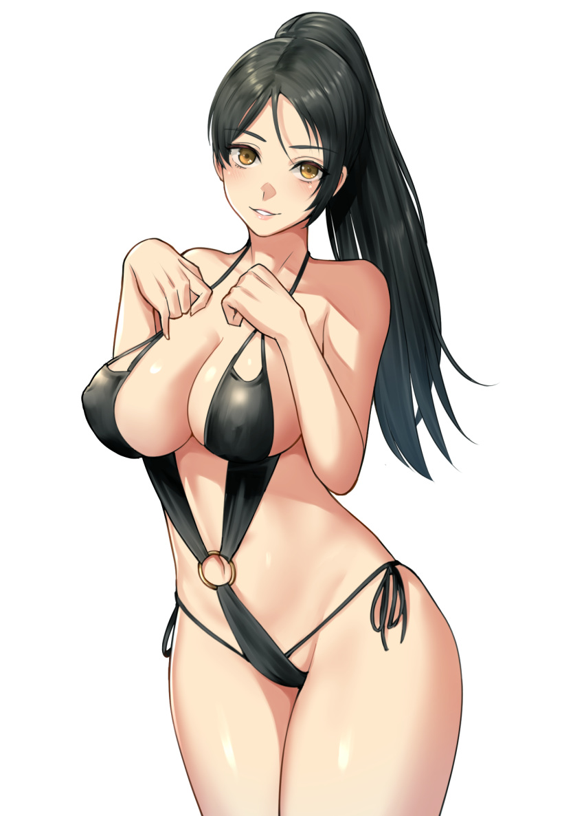 1girl bangs bare_arms bare_shoulders black_hair black_swimsuit breasts brown_eyes cleavage commentary_request dead_or_alive hands_on_own_chest head_tilt highres large_breasts lips looking_at_viewer momiji_(ninja_gaiden) ninja_gaiden nyatokanyaru o-ring o-ring_swimsuit one-piece_swimsuit parted_bangs parted_lips ponytail shiny shiny_clothes shiny_hair shiny_skin simple_background smile solo swimsuit thighs tied_hair white_background