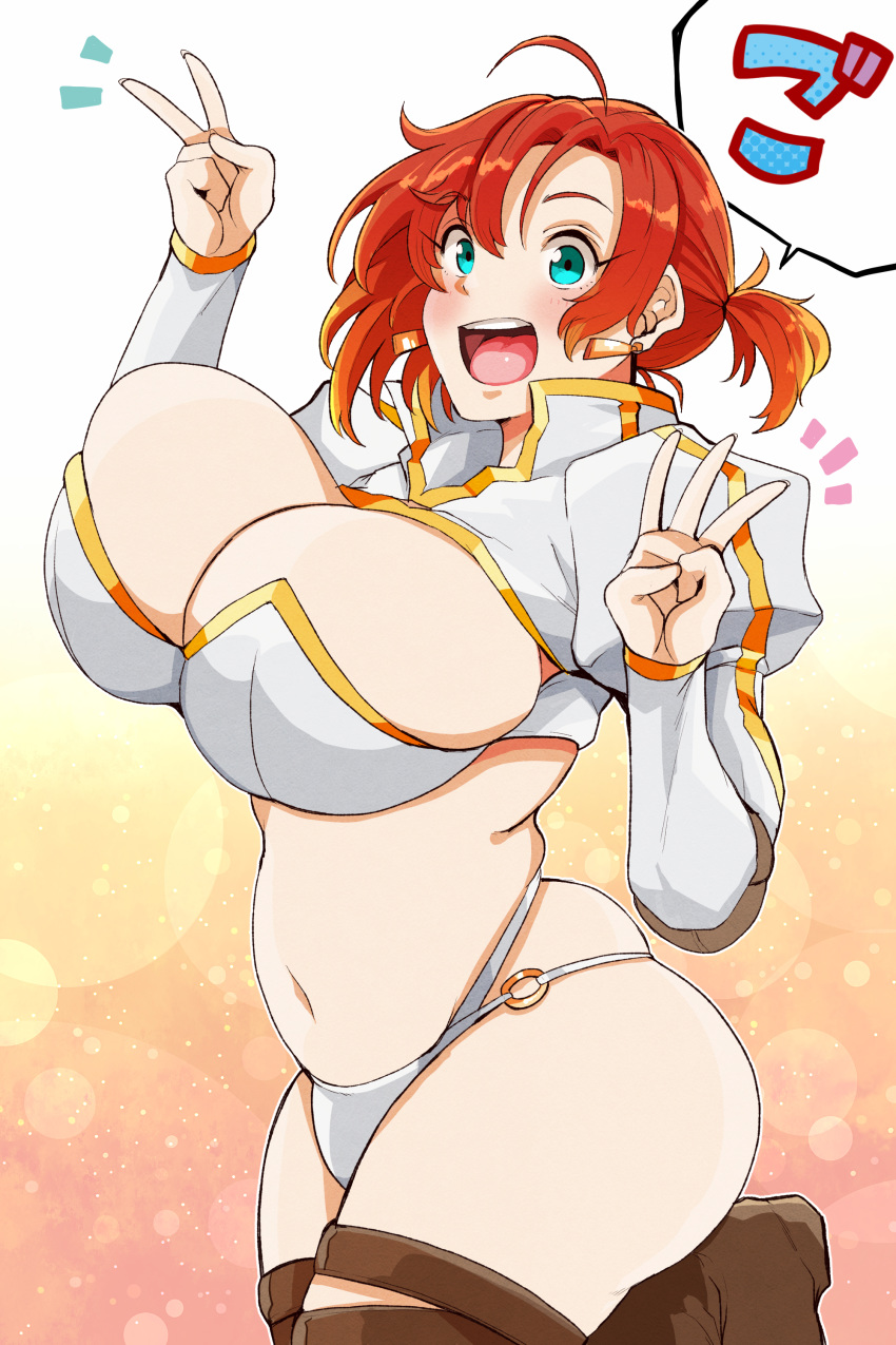 1girl 41_(taskmaster41) :d absurdres ahoge aqua_eyes arms_up ass boots boudica_(fate/grand_order) breasts brown_footwear commentary_request cowboy_shot earrings eyebrows_visible_through_hair fate/grand_order fate_(series) highres huge_breasts jewelry leg_up long_sleeves looking_at_viewer open_mouth panties ponytail puffy_sleeves red_hair short_hair short_ponytail shrug_(clothing) smile solo stomach thigh_boots thigh_strap thighhighs unaligned_breasts underwear v white_panties