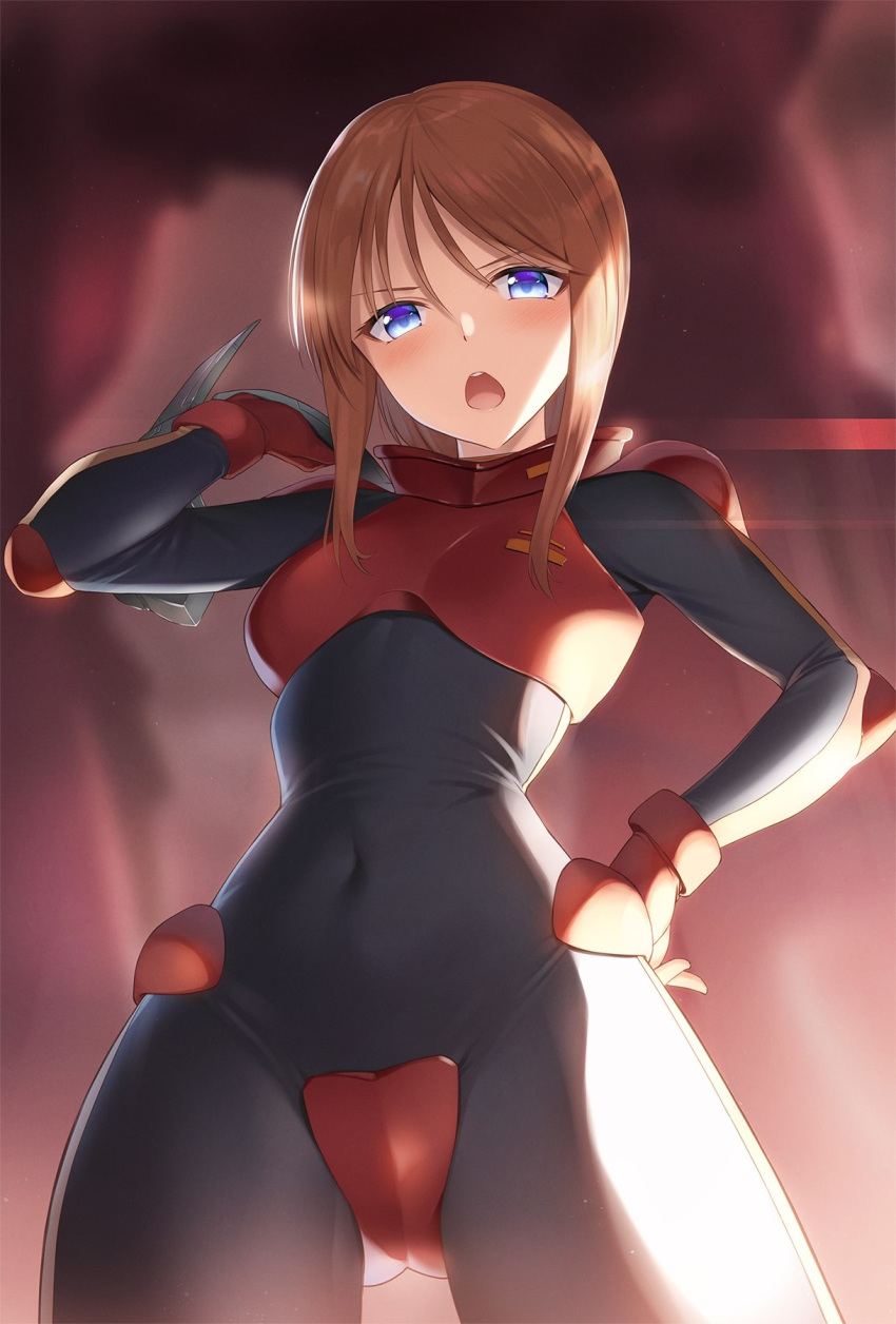 1girl black_suit blue_eyes blush breasts commentary_request cowboy_shot gundam gundam_zz hand_on_own_shoulder highres koikeya light_blush open_mouth orange_hair pilot_suit pilot_uniform puru_two short_hair small_breasts stomach visor