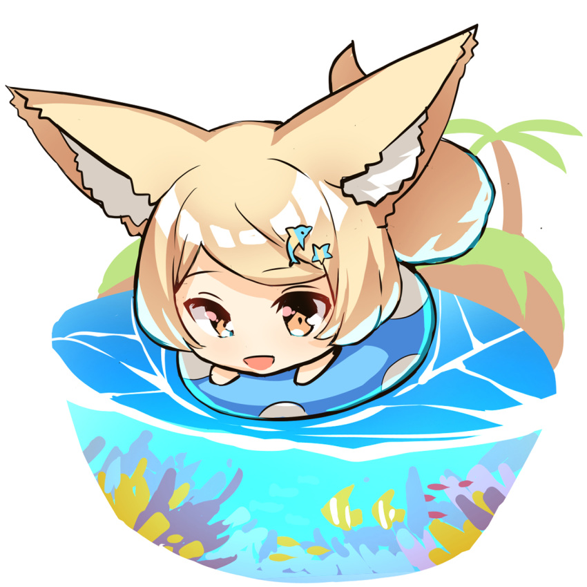 1girl :d animal animal_ears bangs blush brown_eyes chibi commentary_request coral dolphin_hair_ornament eyebrows_visible_through_hair fish fox_ears fox_girl fox_tail hair_ornament highres innertube light_brown_hair looking_at_viewer open_mouth original palm_tree smile solo star_(symbol) star_hair_ornament swept_bangs tail tree water white_background yuuji_(yukimimi)