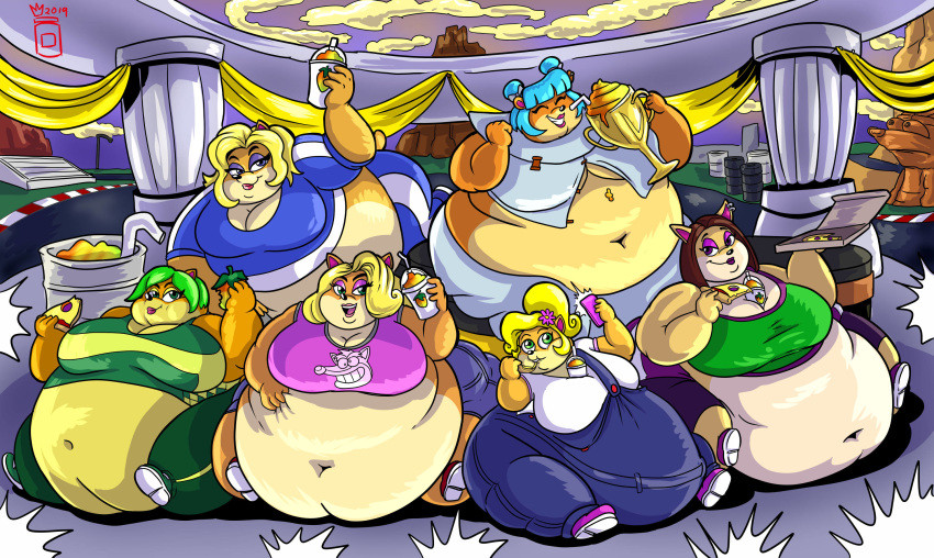 activision ami_bandicoot anthro award bandicoot beverage breasts cleavage clothed clothing coco_bandicoot crash_bandicoot_(series) food group hi_res isabella_bandicoot liz_bandicoot mammal marsupial megumi_bandicoot obese overweight pizza royaljellysandwich tawna_bandicoot trophy video_games