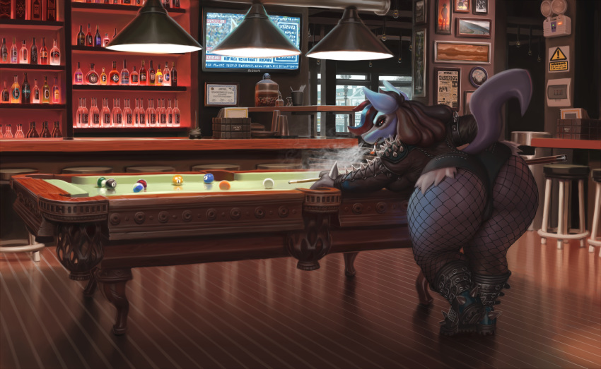 2020 alcohol angry anthro bar beverage big_butt billiard_table blue_body bottle breasts butt canid canine chair cigarette curvy_figure detailed_background female fishnet furniture grumpy hi_res huge_butt inside looking_at_viewer lucario mammal nintendo patacon photo pok&eacute;mon pok&eacute;mon_(species) pub punk red_eyes smoke smoking solo spikes teeth television thick_thighs video_games voluptuous wide_hips