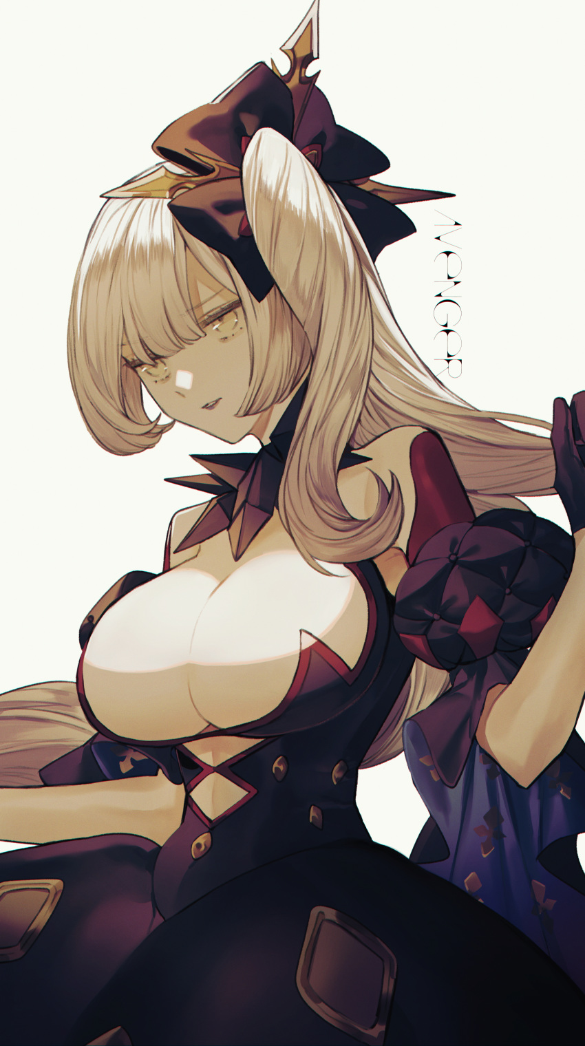1girl absurdres albino_(a1b1n0623) alter_servant background bag bare_shoulders breasts choker cleavage commentary_request dress english_text eyebrows_visible_through_hair fate/grand_order fate_(series) hair_ornament hair_ribbon head_tilt highres holding holding_hair huge_filesize large_breasts long_hair looking_to_the_side marie_antoinette_(alter)_(fate/grand_order) marie_antoinette_(fate/grand_order) midriff midriff_cutout neckwear pale_skin parted_lips platinum_blonde_hair purple_dress purple_ribbon red_dress ribbon short_sleeves side_ponytail sidelocks teeth touching two-tone_dress white_hair yellow_eyes