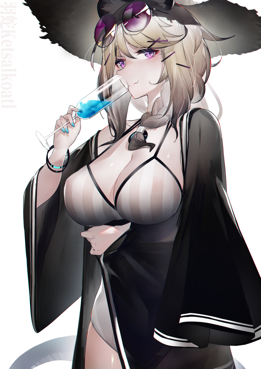 1girl absurdres alternate_costume animal_ear_fluff animal_ears arknights arm_under_breasts bangs blue_nails braid breasts cup drinking eyewear_on_head fang hair_ornament hairclip hat highres holding holding_cup large_breasts looking_at_viewer one-piece_swimsuit open_clothes purple_eyes qiongniaofeiyu short_hair side_braid sidelocks skin_fang smile solo straw_hat sunglasses swimsuit tail tinted_eyewear utage_(arknights) wide_sleeves wristband x_hair_ornament