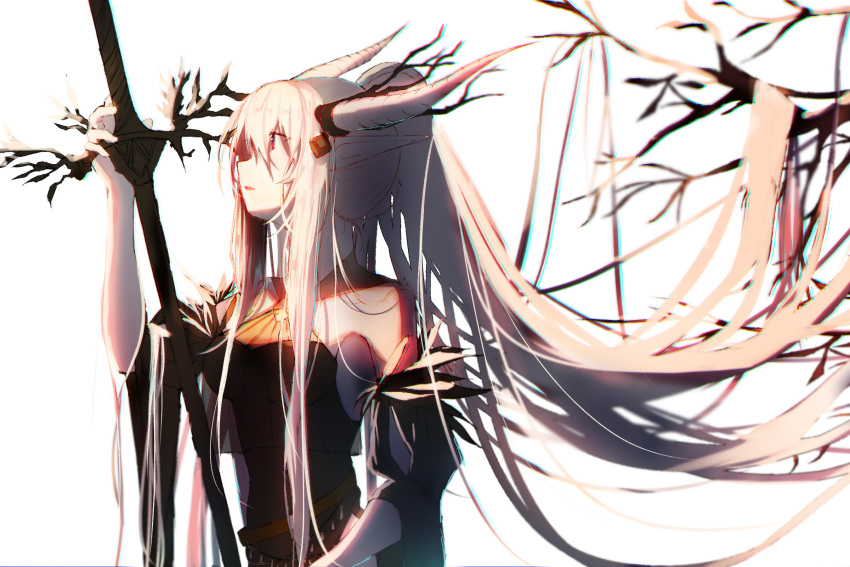 1girl arknights bare_shoulders branch demon_horns highres holding holding_weapon horns long_hair looking_up ponytail re:rin shining_(arknights) solo very_long_hair weapon white_background white_hair