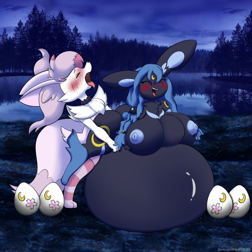 abdominal_bulge anthro big_breasts big_butt big_penis blush braixen breasts butt duo egg fan_character female female_penetrated genitals hi_res huge_penis hyper hyper_genitalia hyper_penis inflation lopunny male male/female male_penetrating male_penetrating_female nintendo penetration penis pok&eacute;mon pok&eacute;mon_(species) smushpretzel tongue tongue_out video_games