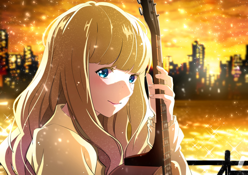 1girl acoustic_guitar backlighting bangs blonde_hair blue_eyes blunt_bangs blurry blurry_background bouquetforangel building carole_&amp;_tuesday city city_lights cityscape close-up closed_mouth cloud cloudy_sky curly_hair dark_sky eyelashes face fence fingernails freckles frilled_sleeves frills glowing gradient gradient_sky guitar happy high_collar highres holding holding_instrument instrument light_particles long_hair looking_at_viewer looking_to_the_side orange_sky outdoors river shaded_face shiny shiny_hair sky sleeves_past_wrists smile solo sparkle sunlight sunset tareme tuesday_simmons upper_body water yellow_sky