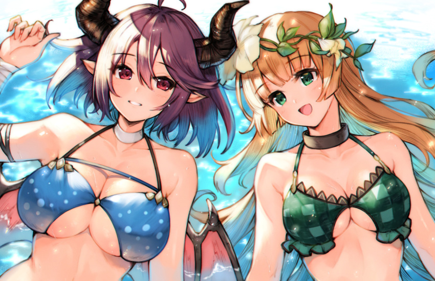 2girls :d ahoge anne_(shingeki_no_bahamut) bandaged_arm bandages bangs bare_shoulders bikini blue_bikini blue_hair blunt_bangs breasts choker cleavage collarbone commentary_request eyebrows_visible_through_hair flower from_above gradient_hair grea_(shingeki_no_bahamut) green_bikini greyscale hair_flower hair_ornament horns koretsuki_azuma large_breasts leaf looking_at_another looking_at_viewer looking_to_the_side lying medium_breasts monochrome multicolored_hair multiple_girls on_back open_mouth orange_hair parted_lips purple_hair red_eyes red_wings shingeki_no_bahamut short_hair smile swimsuit underboob upper_body upper_teeth water white_choker white_flower wings