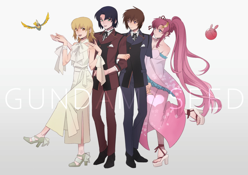 2boys 2girls athrun_zala bangs bird blonde_hair blue_hair blue_jacket blue_pants bow braid brown_eyes brown_hair cagalli_yula_athha collarbone copyright_name detached_sleeves dress floating_hair frilled_sleeves frills green_eyes gundam gundam_seed hair_between_eyes hair_ornament haro heart highres holding_hands jacket kira_yamato lacus_clyne long_dress long_hair long_sleeves multiple_boys multiple_girls nito_minatsuki pants pink_dress pink_hair purple_eyes red_jacket red_pants short_hair sleeveless sleeveless_dress standing standing_on_one_leg strapless strapless_dress very_long_hair white_background white_bow white_dress white_sleeves wide_sleeves wrist_bow