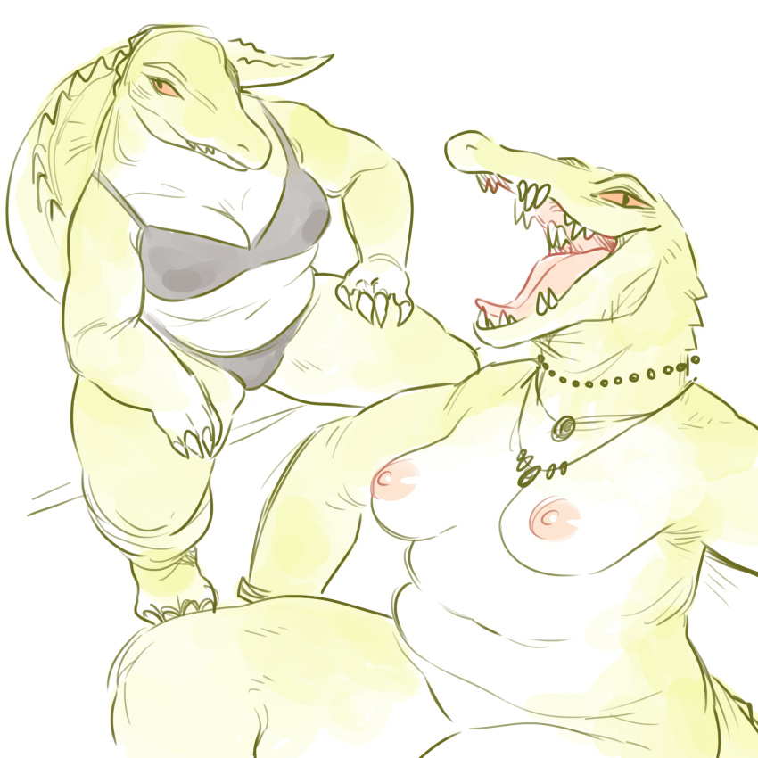 1:1 alligator alligatorid anthro areola belly bra breasts chubby_female claws clothing crocodilian female glacierclear hi_res looking_at_viewer navel nipples non-mammal_breasts open_mouth orange_sclera panties reptile scalie sharp_teeth simple_background slightly_chubby solo teeth tongue underwear white_background
