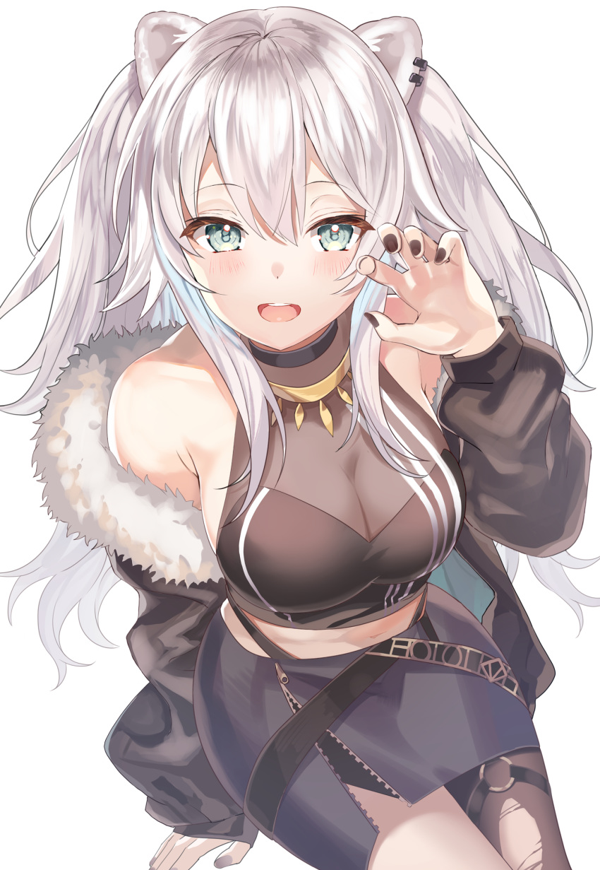 1girl :d ahoge animal_ears aqua_eyes arm_support bare_shoulders black_nails black_skirt blush breasts claw_pose cleavage crop_top earrings fur-trimmed_jacket fur_trim grey_hair hair_between_eyes hand_up highres hololive jacket jewelry large_breasts lion_ears lion_girl long_hair long_sleeves looking_at_viewer midriff miniskirt motsunuki nail_polish navel necklace off_shoulder open_clothes open_jacket open_mouth pencil_skirt shirt shishiro_botan sitting skirt sleeveless sleeveless_shirt smile solo torn_clothes torn_legwear unzipped virtual_youtuber