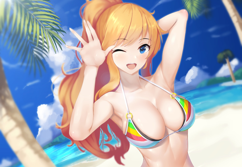 1girl ;d arm_behind_head armpits arms_up bangs bare_arms bare_shoulders beach bikini blonde_hair blue_bikini blue_eyes blue_sky blurry blurry_background blush breasts cleavage cloud cloudy_sky collarbone commentary_request day depth_of_field eyebrows_visible_through_hair green_bikini highres idolmaster idolmaster_cinderella_girls large_breasts long_hair looking_at_viewer ma_azi multicolored multicolored_bikini multicolored_clothes o-ring o-ring_top ocean one_eye_closed ootsuki_yui open_mouth outdoors palm_tree ponytail red_bikini shiny skindentation sky smile solo striped striped_bikini swimsuit tree upper_body upper_teeth water wavy_hair yellow_bikini