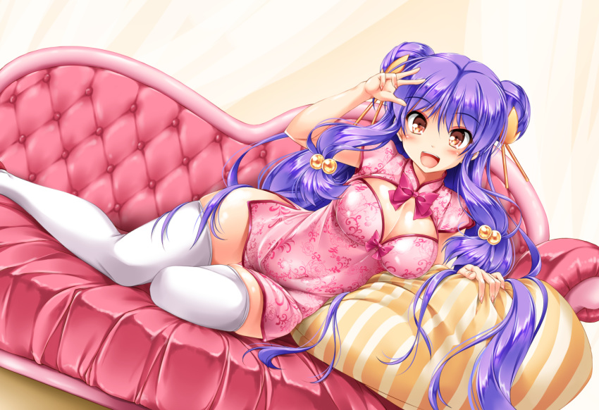 1girl :d bow breasts brown_eyes china_dress chinese_clothes cleavage cleavage_cutout couch covered_navel double_bun dress dutch_angle eyebrows_visible_through_hair hair_bobbles hair_ornament happy indoors kamiya_tomoe large_breasts leaning_to_the_side looking_at_viewer navel on_couch open_mouth pink_dress purple_hair ranma_1/2 shampoo_(ranma_1/2) short_dress sidelocks skin_tight skindentation smile solo teeth thighhighs tongue v white_legwear