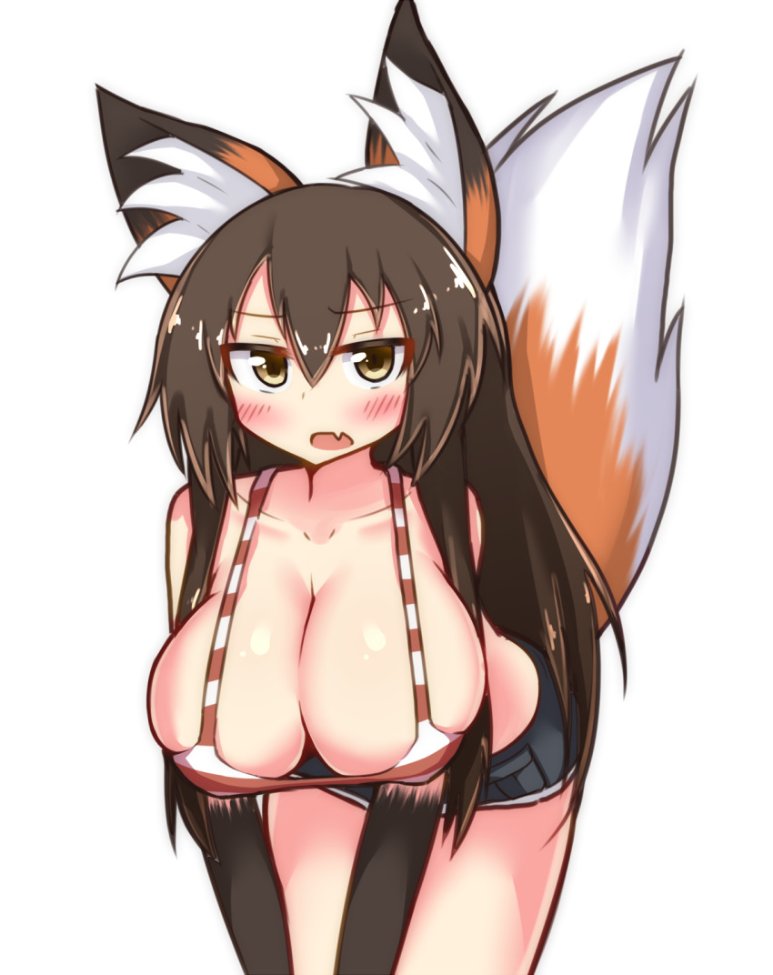 animal_humanoid bent_over big_breasts big_ears bikini bikini_top biped blush bottomwear breasts brown_body brown_fur brown_hair canid canid_humanoid canine canine_humanoid clothed clothing female fox_humanoid front_view fur glistening glistening_breasts gloves_(marking) hair hanging_breasts hi_res hotpants huge_breasts humanoid inner_ear_fluff light_skin long_hair looking_at_viewer mammal mammal_humanoid markings monotone_hair multicolored_body multicolored_fur open_mouth orange_body orange_fur shorts simple_background solo swimwear tuft tylwing white_background white_body white_fur yellow_eyes