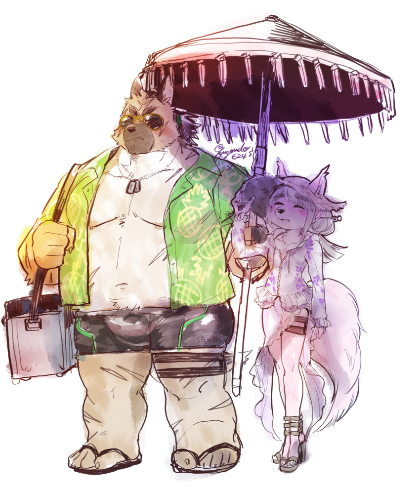 2020 anthro belly brown_body brown_fur canid canine canis clothed clothing domestic_dog duo eyewear fur fuyoudo624 hi_res kemono male mammal open_shirt overweight overweight_male shirt simple_background sunglasses swimwear tokyo_afterschool_summoners topwear video_games white_background yasuyori