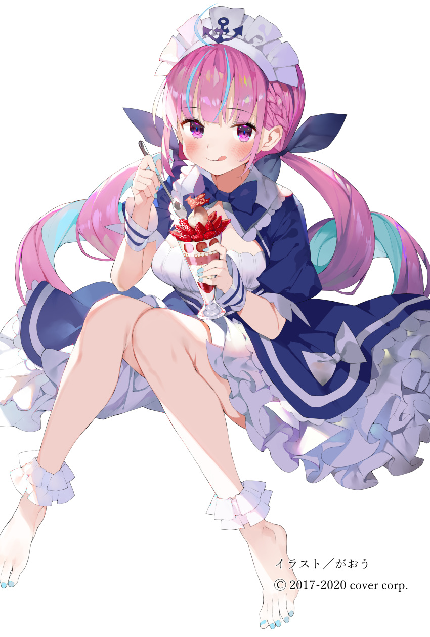 1girl absurdres ahoge anchor anchor_print anchor_symbol bangs barefoot blue_hair blue_nails blush bow braid breasts colored_inner_hair commentary_request dress drill_hair eyebrows_visible_through_hair fingernails food frills fruit hair_bow highres holding holding_spoon hololive ice_cream looking_at_viewer maid matsui_hiroaki medium_breasts minato_aqua multicolored_hair nail_polish official_art puffy_short_sleeves puffy_sleeves purple_eyes purple_hair shiny shiny_hair short_dress short_sleeves simple_background smile solo spoon strawberry sundae toenail_polish toes tongue tongue_out twintails virtual_youtuber white_background wrist_cuffs